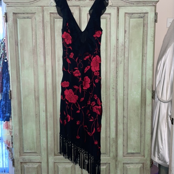 Gorgeous fitted black dress with embroidery red roses. - Picture 2 of 6